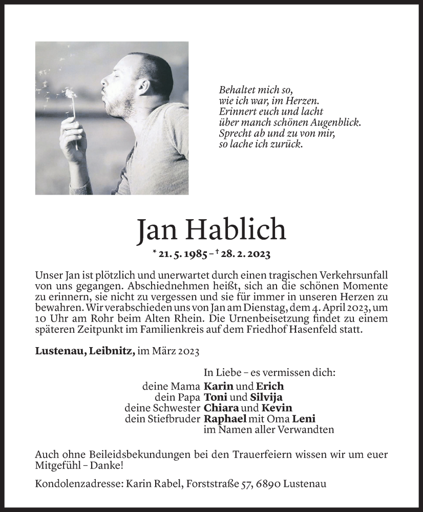  Todesanzeige für Jan Hablich vom 01.04.2023 aus Vorarlberger Nachrichten