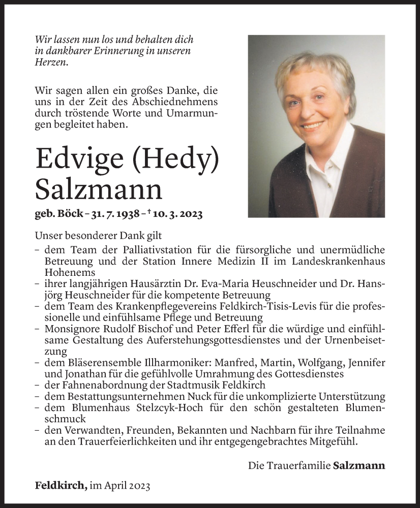  Todesanzeige für Edvige Salzmann vom 01.04.2023 aus Vorarlberger Nachrichten