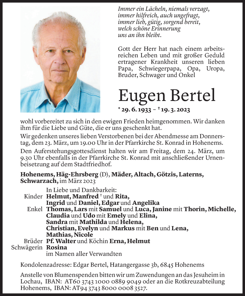  Todesanzeige für Eugen Bertel vom 22.03.2023 aus Vorarlberger Nachrichten