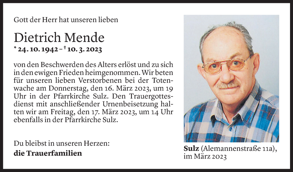  Todesanzeige für Dietrich Mende vom 15.03.2023 aus Vorarlberger Nachrichten