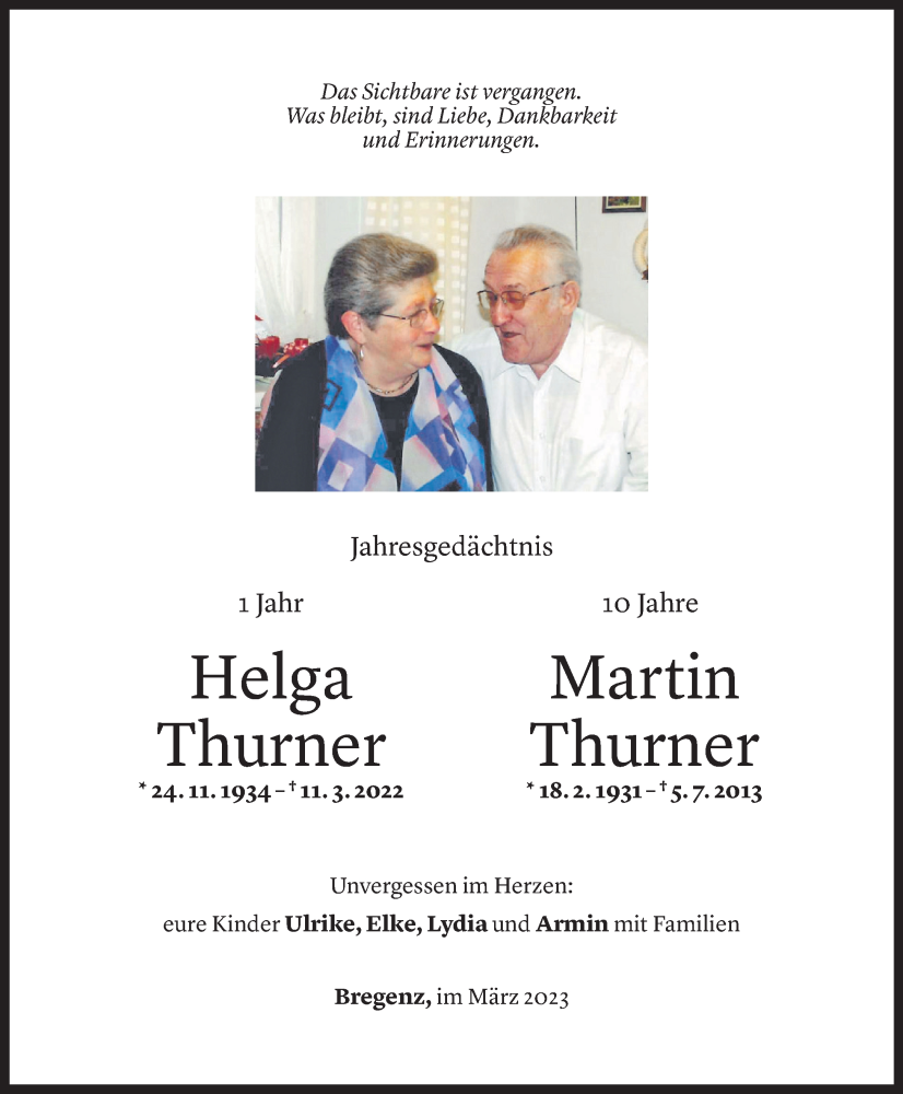  Todesanzeige für Helga Thurner vom 11.03.2023 aus Vorarlberger Nachrichten