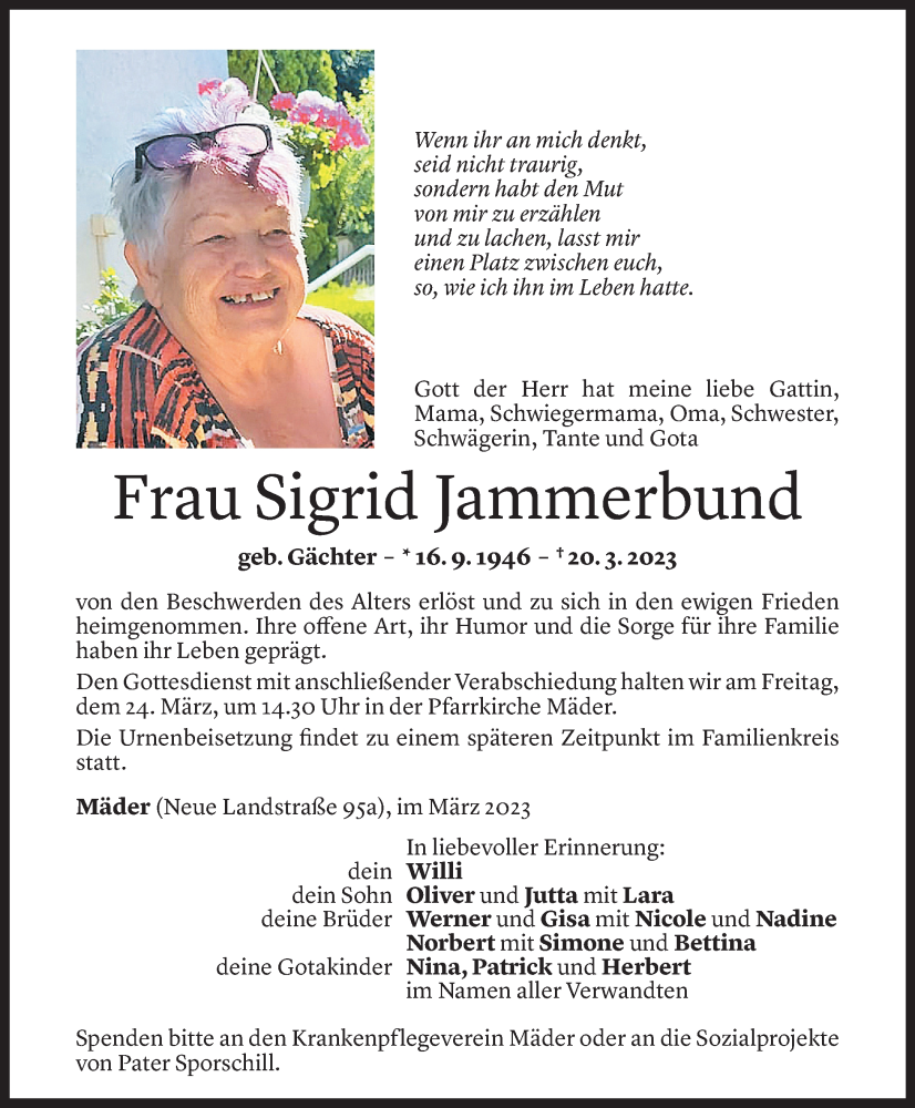  Todesanzeige für Sigrid Jammerbund vom 22.03.2023 aus Vorarlberger Nachrichten