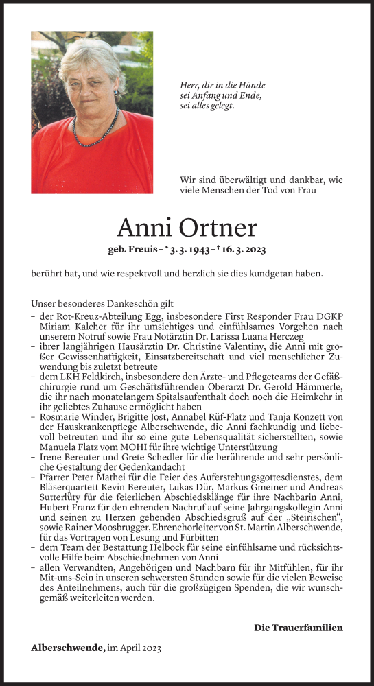  Todesanzeige für Anni Ortner vom 31.03.2023 aus Vorarlberger Nachrichten