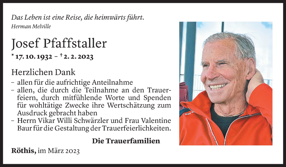  Todesanzeige für Josef Pfaffstaller vom 09.03.2023 aus Vorarlberger Nachrichten
