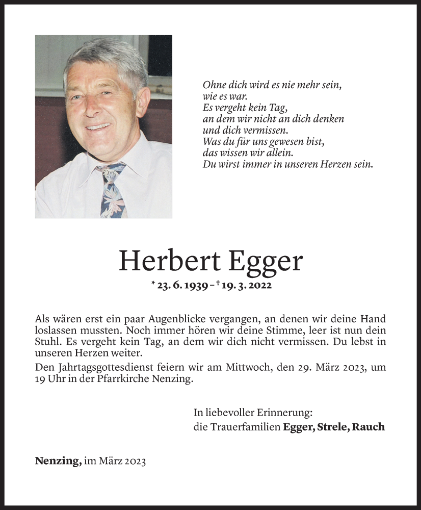  Todesanzeige für Herbert Egger vom 17.03.2023 aus Vorarlberger Nachrichten