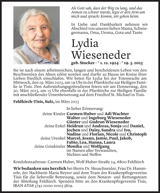 Todesanzeige von Lydia Wieseneder von Vorarlberger Nachrichten