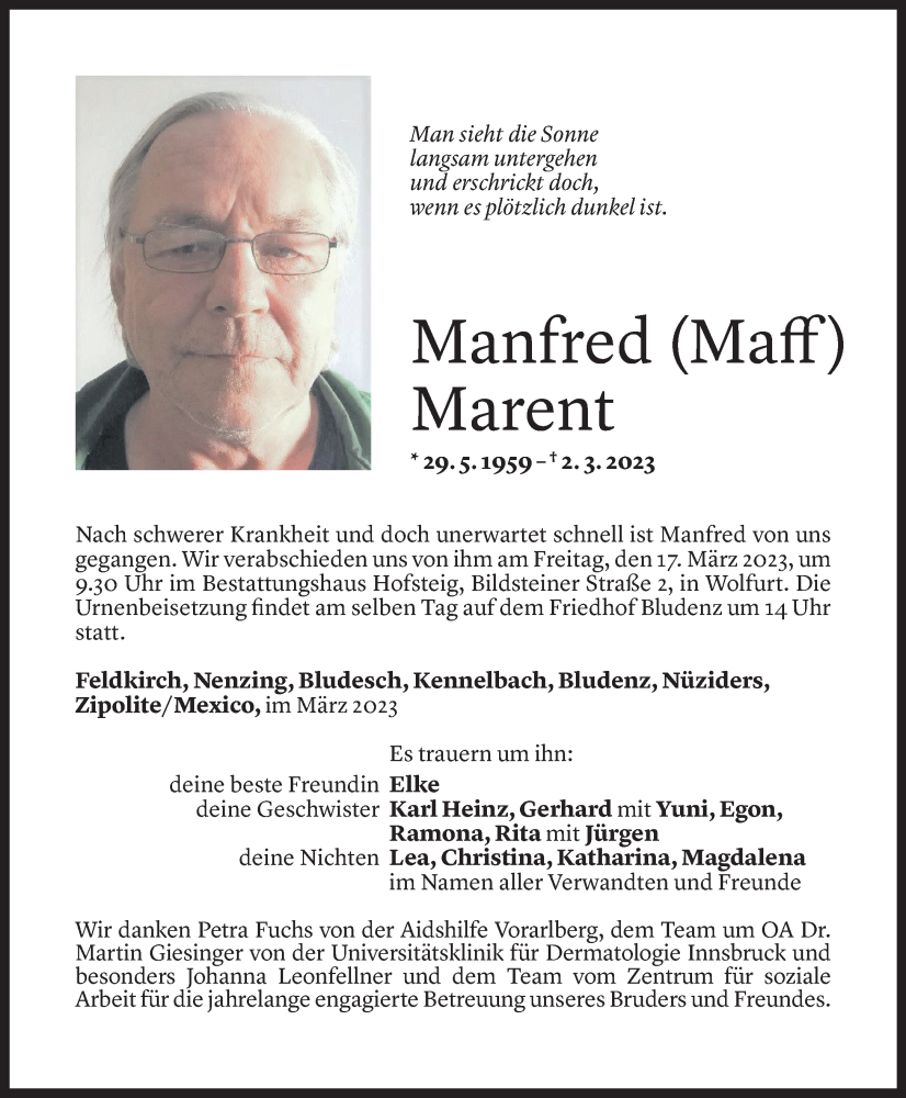  Todesanzeige für Manfred Marent vom 15.03.2023 aus Vorarlberger Nachrichten