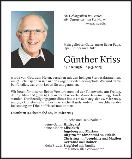Todesanzeige von Günther Kriss von Vorarlberger Nachrichten