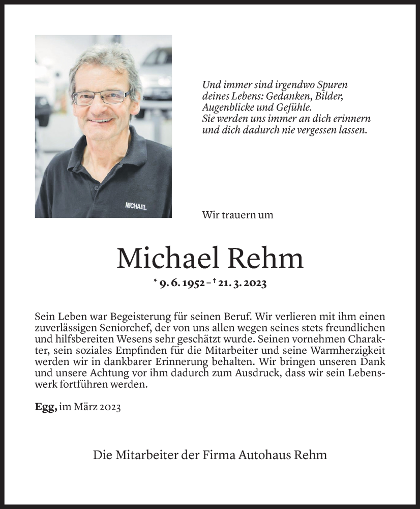  Todesanzeige für Michael Rehm vom 24.03.2023 aus Vorarlberger Nachrichten