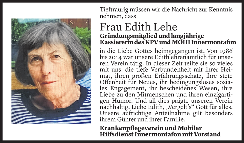  Todesanzeige für Edith Lehe vom 23.03.2023 aus Vorarlberger Nachrichten
