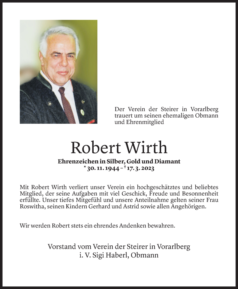  Todesanzeige für Robert Wirth vom 22.03.2023 aus Vorarlberger Nachrichten