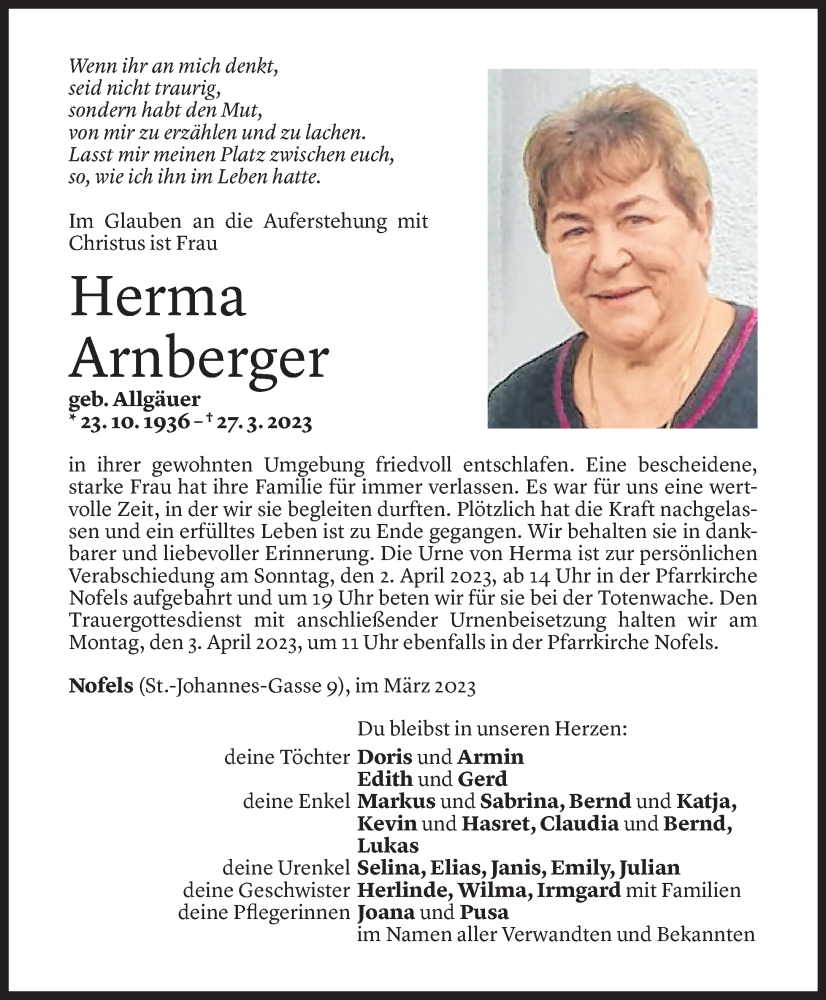  Todesanzeige für Herma Arnberger vom 30.03.2023 aus Vorarlberger Nachrichten