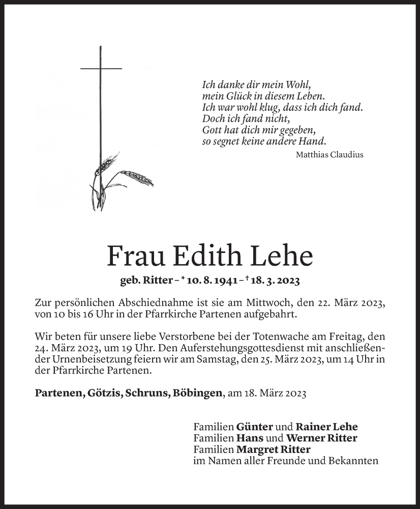 Todesanzeige für Edith Lehe vom 21.03.2023 aus Vorarlberger Nachrichten