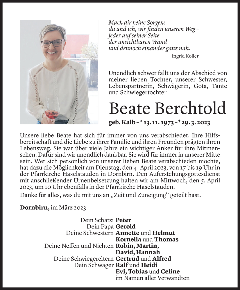  Todesanzeige für Beate Berchtold vom 01.04.2023 aus Vorarlberger Nachrichten