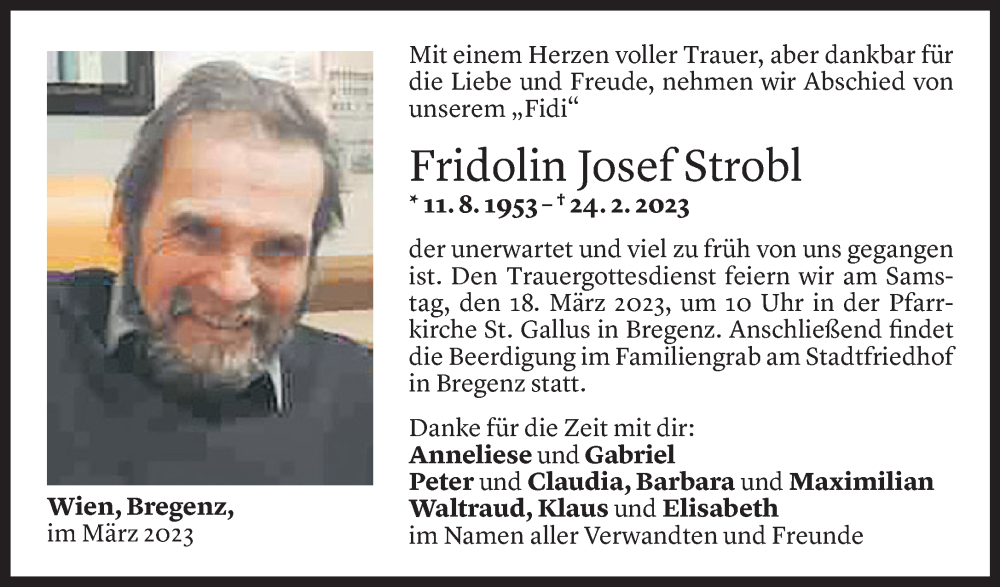  Todesanzeige für Fridolin Josef Strobl vom 16.03.2023 aus Vorarlberger Nachrichten
