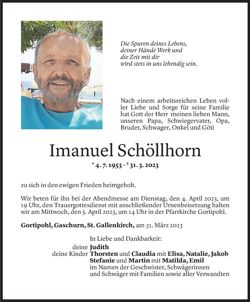  Todesanzeige für Imanuel Schöllhorn vom 31.03.2023 aus Vorarlberger Nachrichten