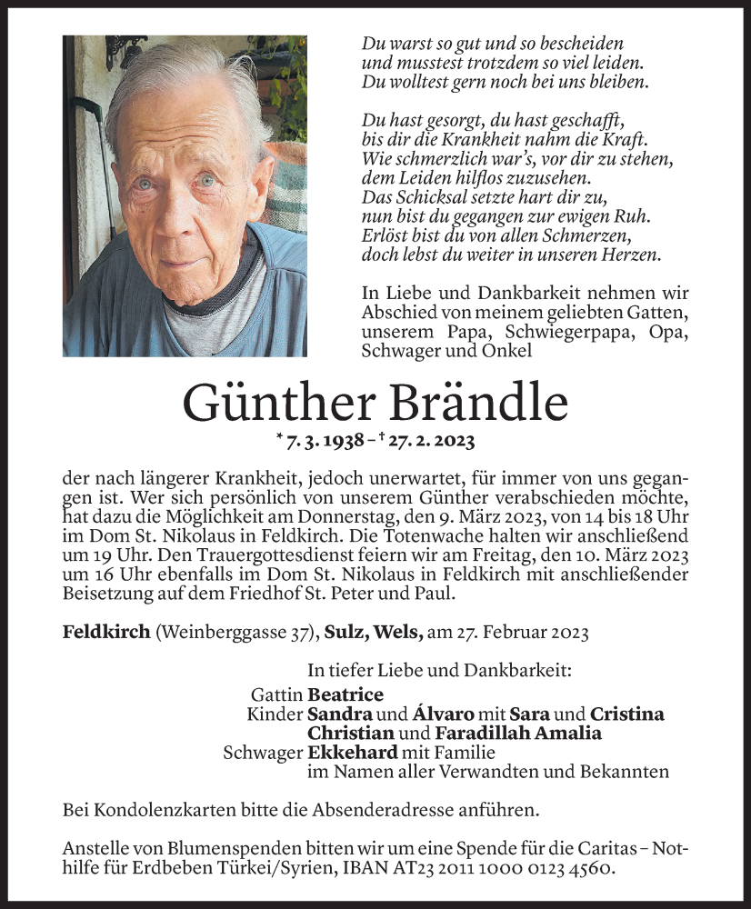  Todesanzeige für Günther Brändle vom 07.03.2023 aus Vorarlberger Nachrichten