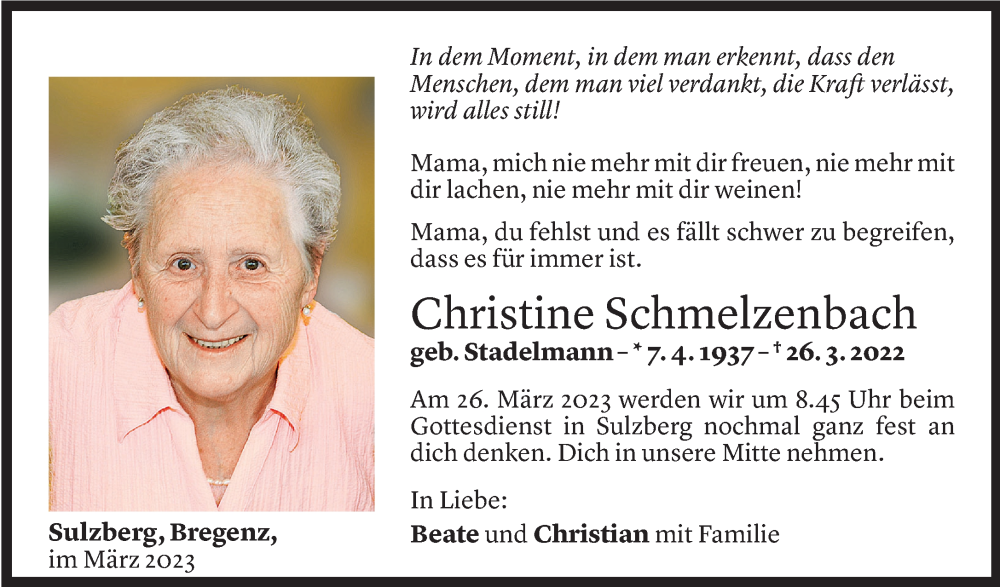  Todesanzeige für Christine Schmelzenbach vom 17.03.2023 aus Vorarlberger Nachrichten