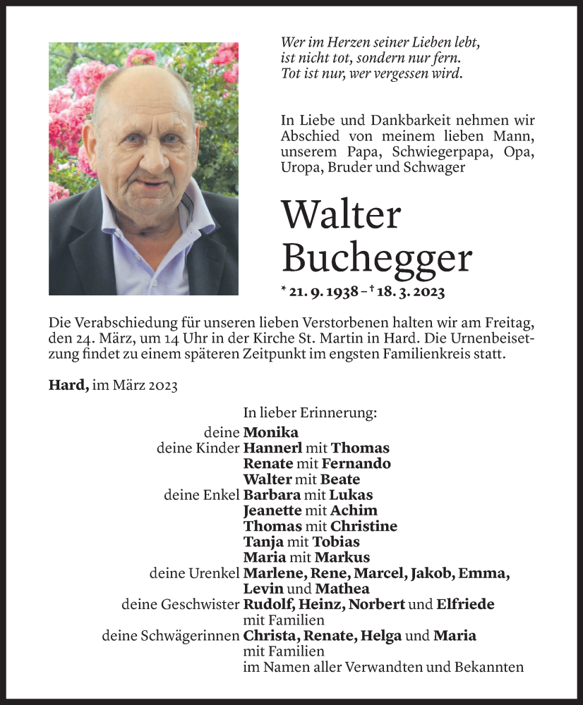  Todesanzeige für Walter Buchegger vom 22.03.2023 aus Vorarlberger Nachrichten