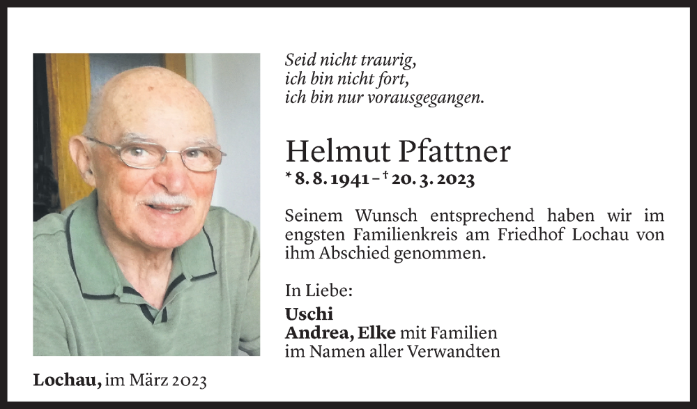 Todesanzeige für Helmut Pfattner vom 01.04.2023 aus Vorarlberger Nachrichten