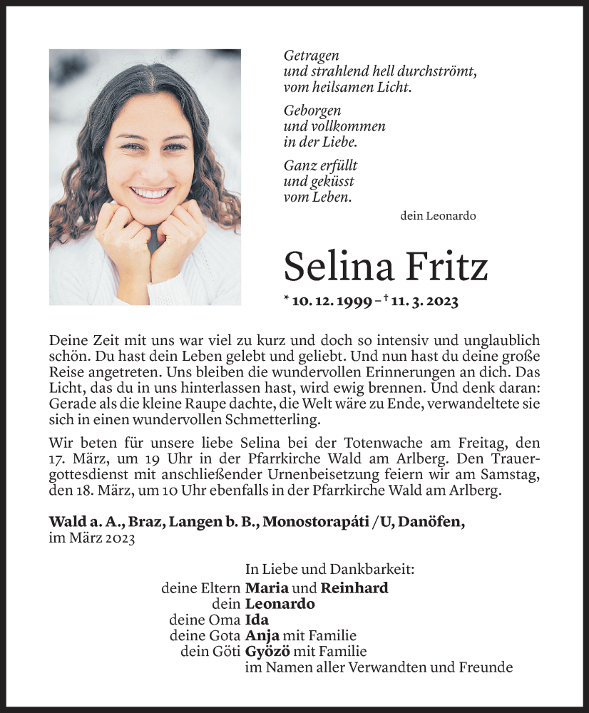  Todesanzeige für Selina Fritz vom 15.03.2023 aus Vorarlberger Nachrichten