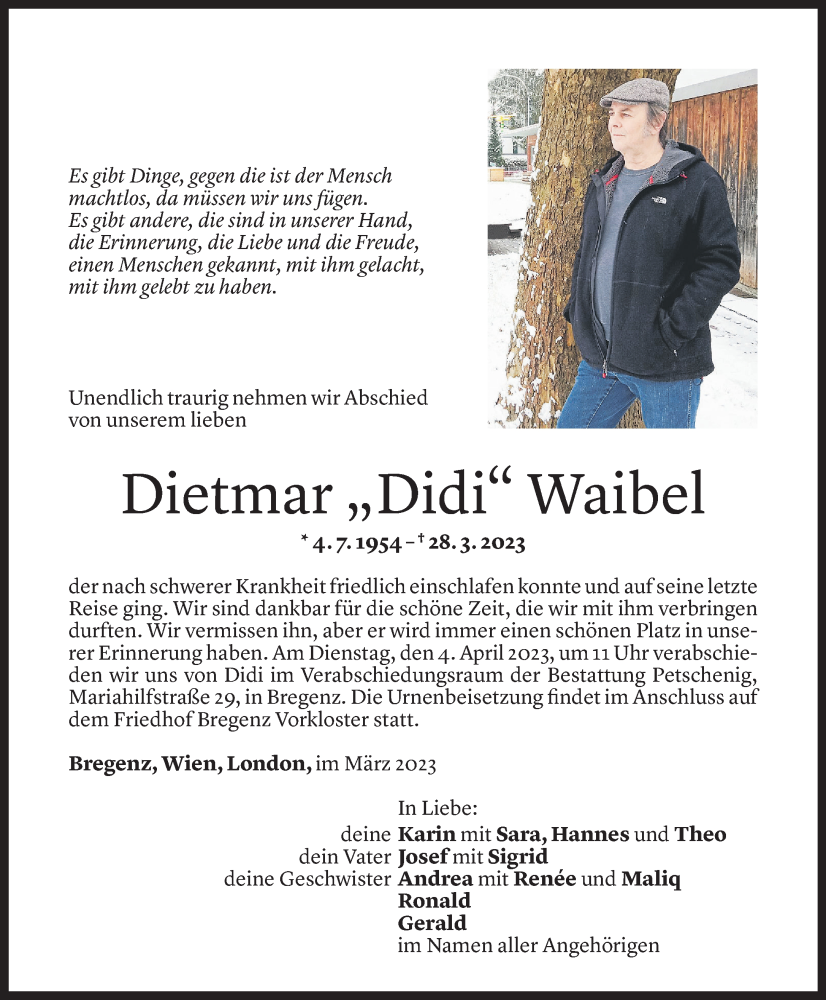  Todesanzeige für Dietmar Waibel vom 31.03.2023 aus Vorarlberger Nachrichten