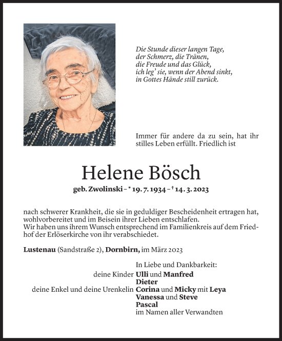 Todesanzeige von Helene Bösch von Vorarlberger Nachrichten