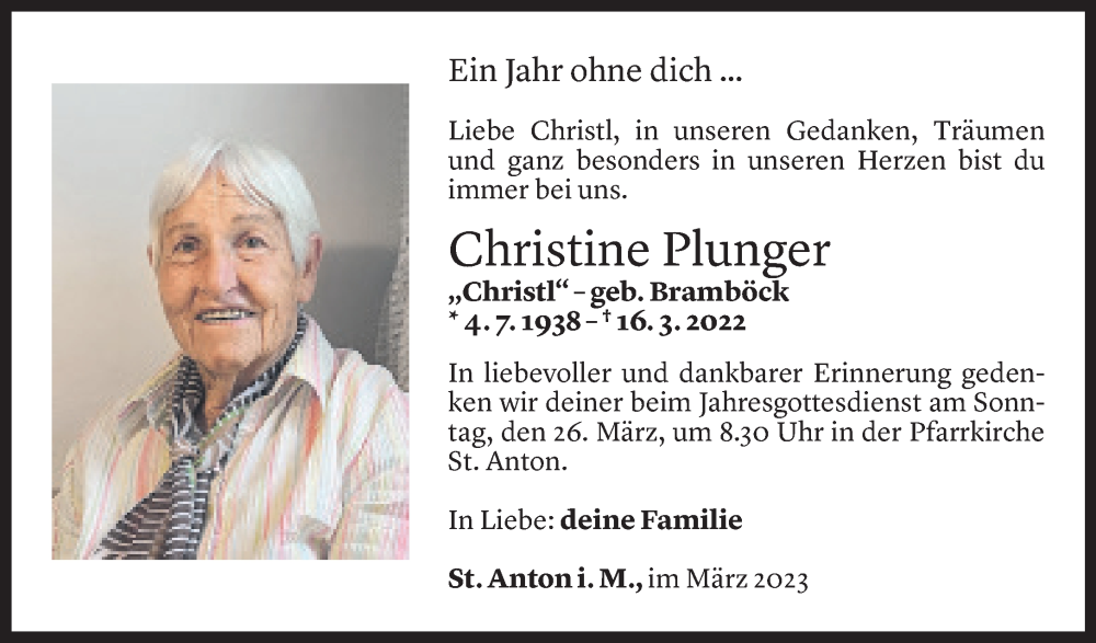  Todesanzeige für Christine Plunger vom 16.03.2023 aus Vorarlberger Nachrichten