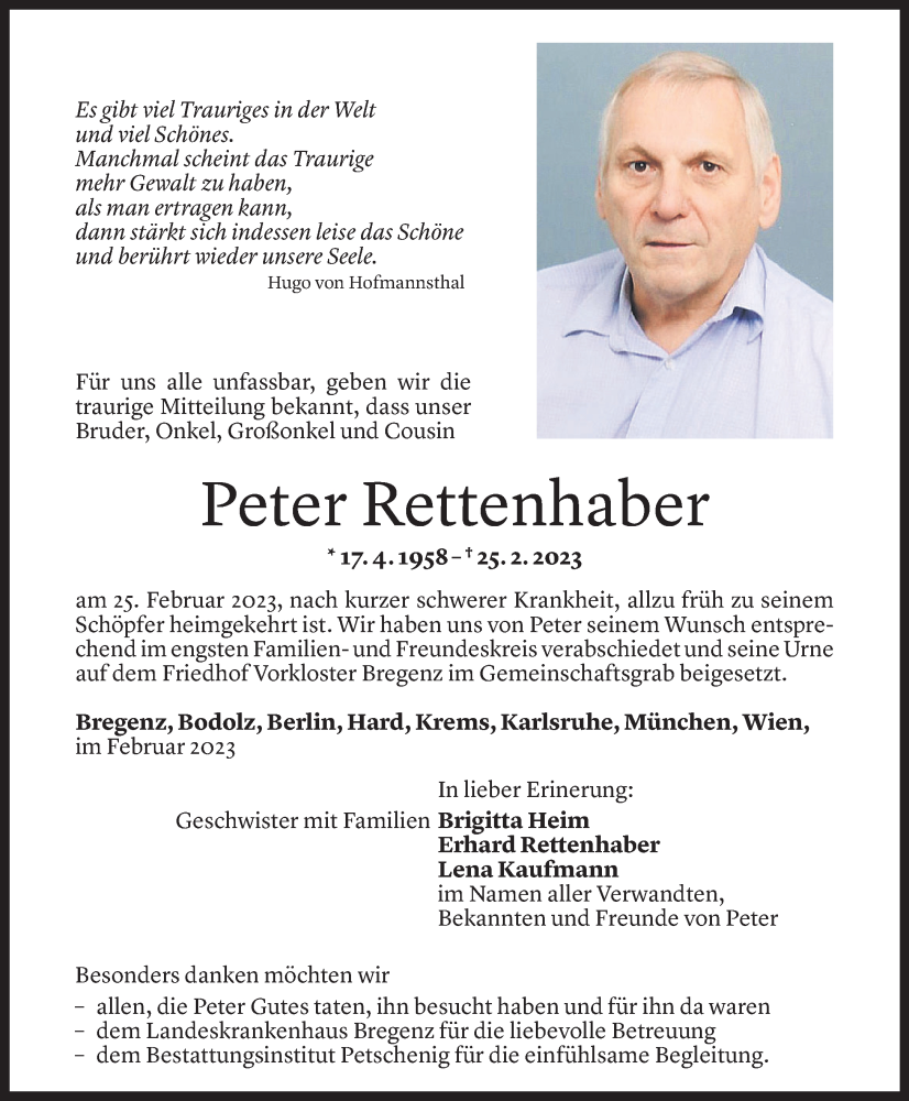  Todesanzeige für Peter Rettenhaber vom 17.03.2023 aus Vorarlberger Nachrichten