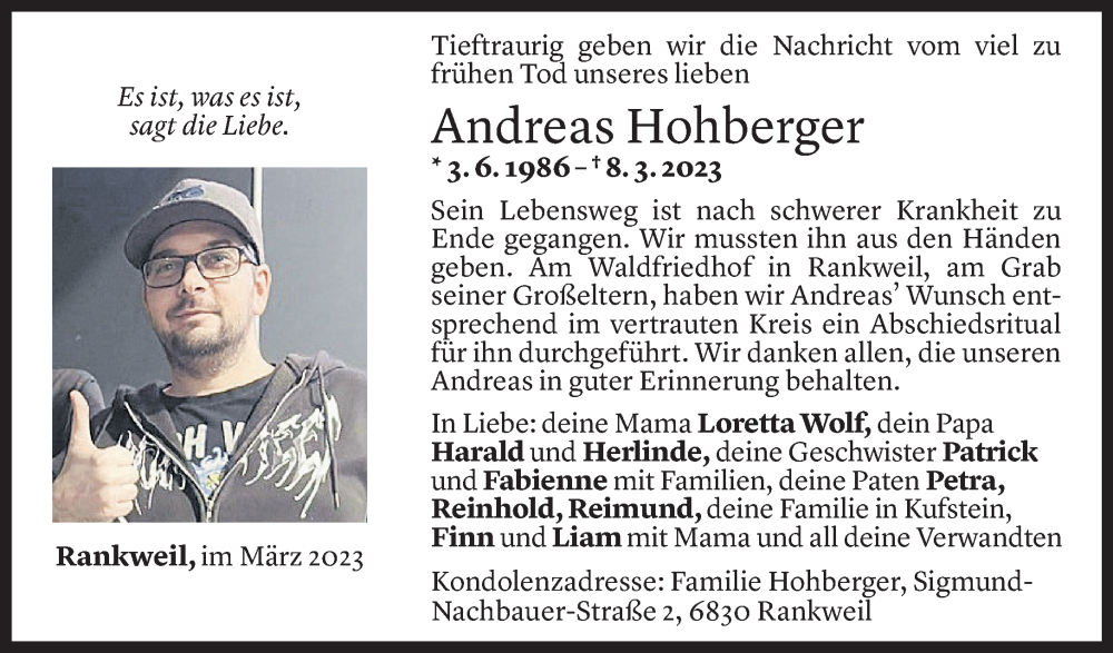  Todesanzeige für Andreas Hohberger vom 31.03.2023 aus Vorarlberger Nachrichten