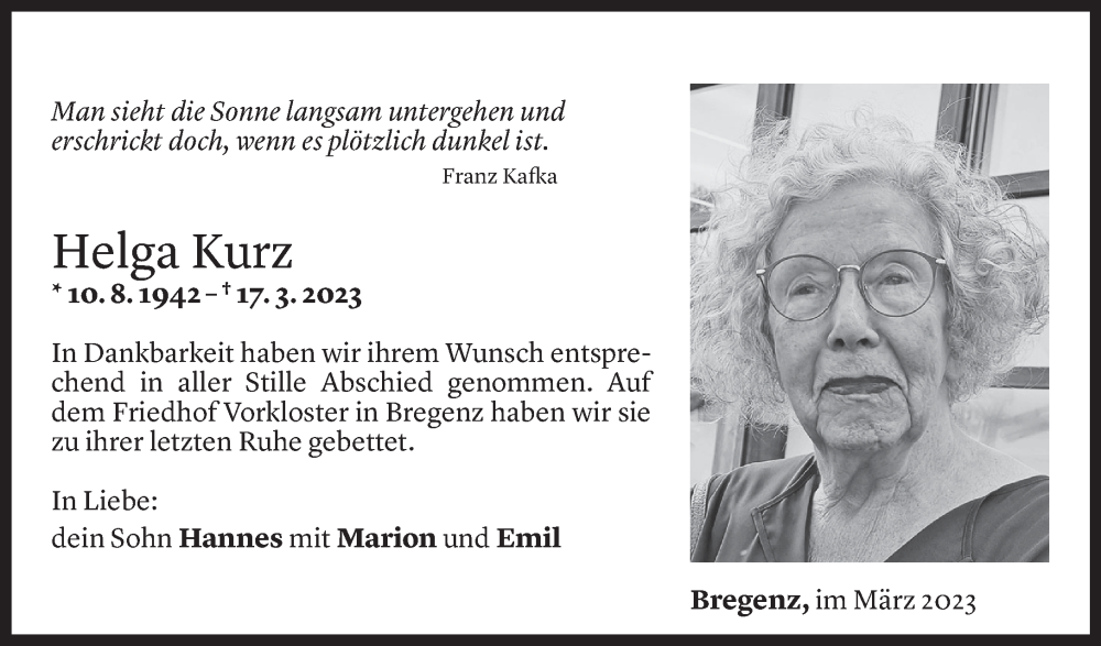  Todesanzeige für Helga Kurz vom 01.04.2023 aus Vorarlberger Nachrichten