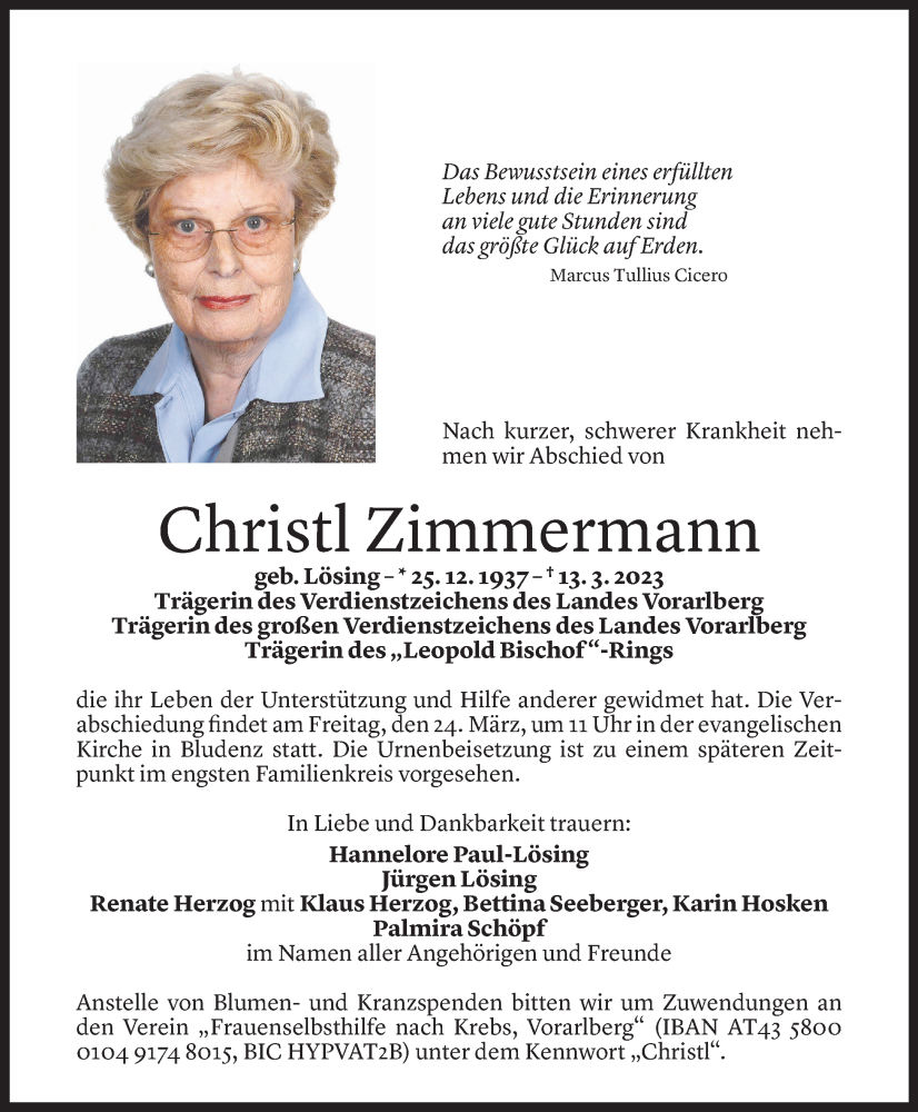  Todesanzeige für Christl Zimmermann vom 21.03.2023 aus Vorarlberger Nachrichten