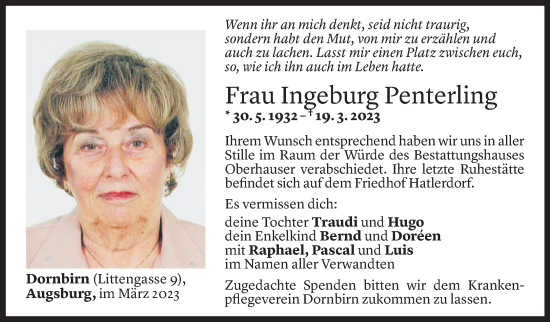 Todesanzeige von Ingeburg Penterling von Vorarlberger Nachrichten