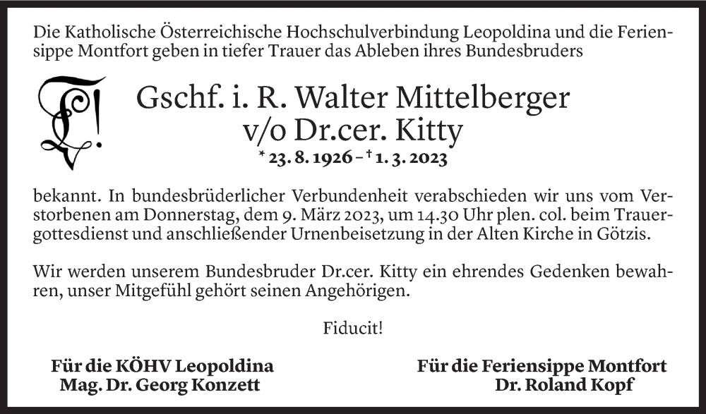  Todesanzeige für Walter Mittelberger vom 06.03.2023 aus Vorarlberger Nachrichten