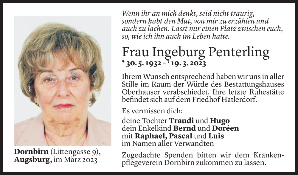  Todesanzeige für Ingeburg Penterling vom 25.03.2023 aus Vorarlberger Nachrichten