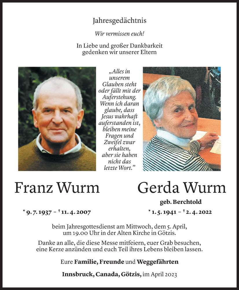  Todesanzeige für Franz Wurm vom 03.04.2023 aus Vorarlberger Nachrichten