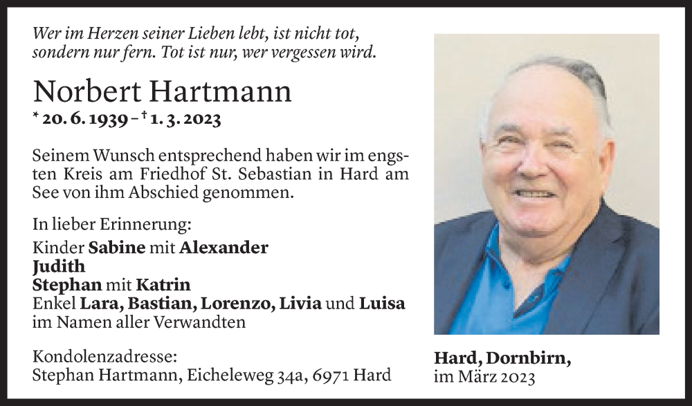  Todesanzeige für Norbert Hartmann vom 23.03.2023 aus Vorarlberger Nachrichten