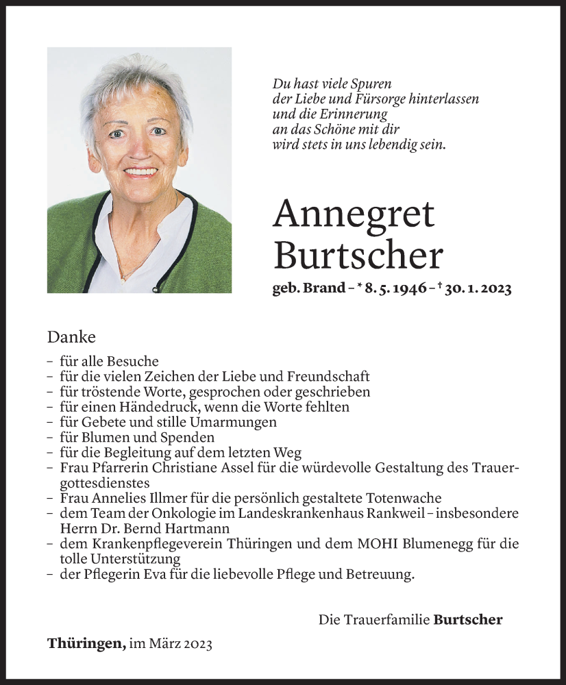  Todesanzeige für Annegret Burtscher vom 03.03.2023 aus Vorarlberger Nachrichten