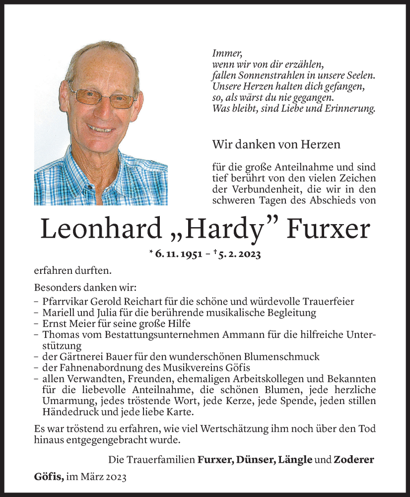  Todesanzeige für Leonhard Furxer vom 04.03.2023 aus Vorarlberger Nachrichten