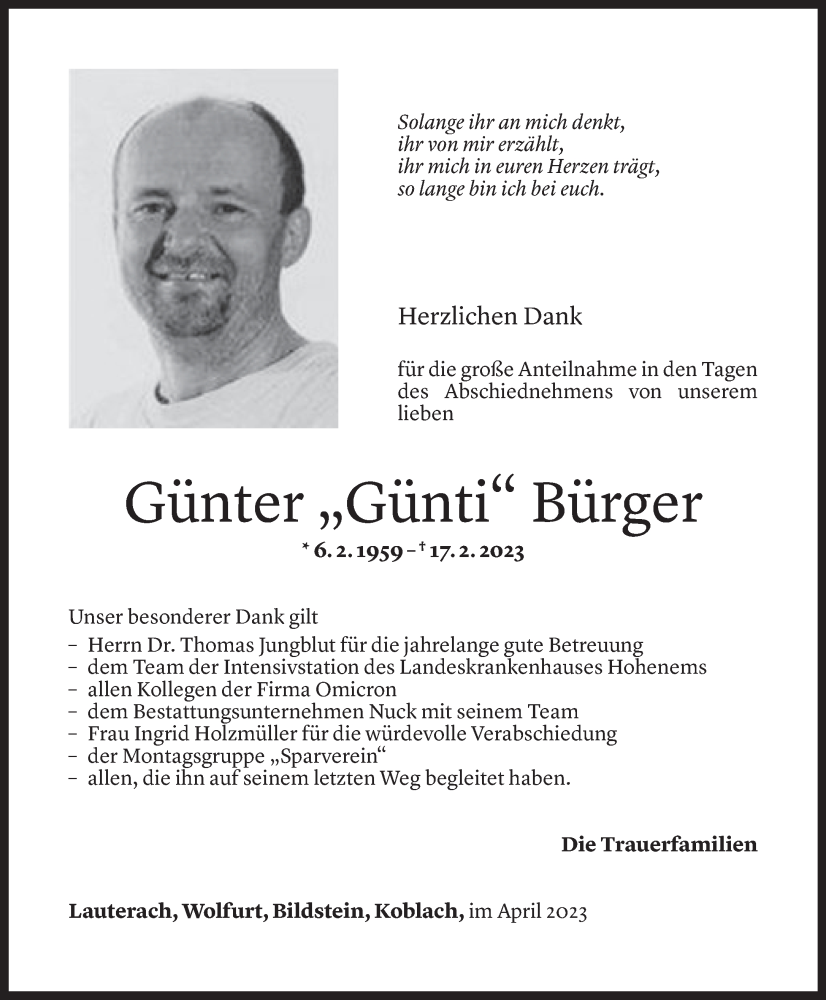  Todesanzeige für Günter Bürger vom 31.03.2023 aus Vorarlberger Nachrichten