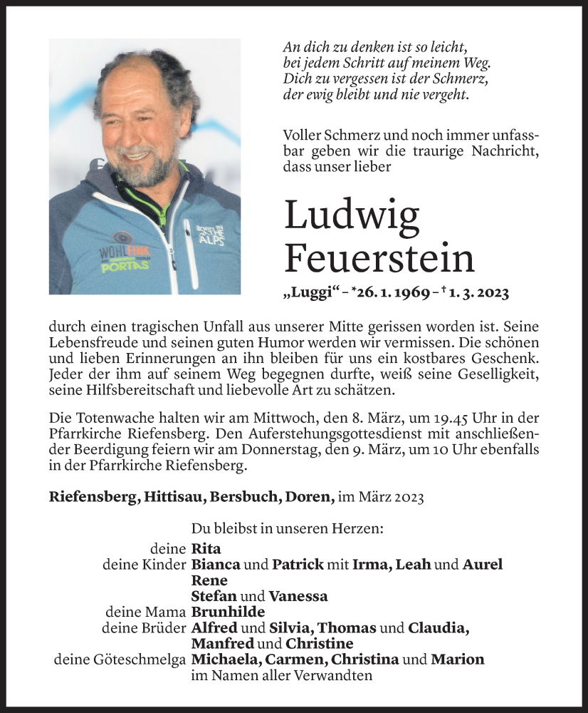  Todesanzeige für Ludwig Feuerstein vom 07.03.2023 aus Vorarlberger Nachrichten