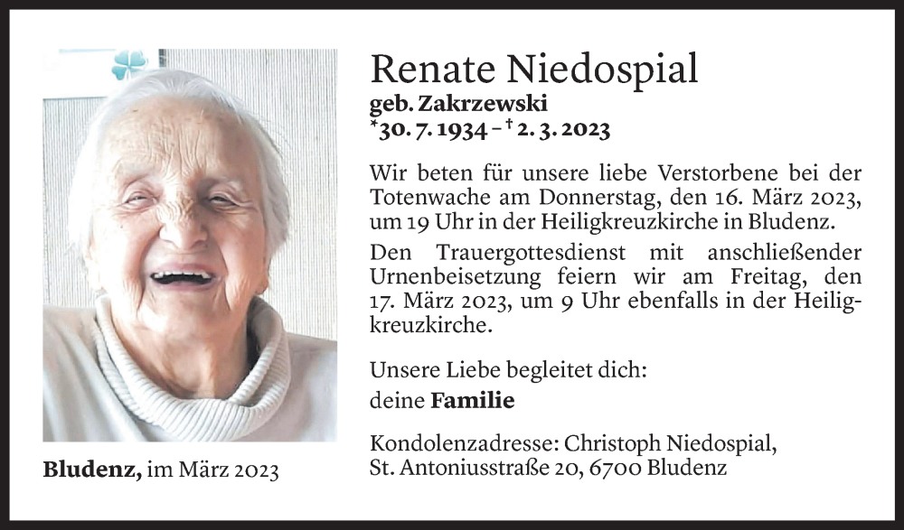  Todesanzeige für Renate Niedospial vom 14.03.2023 aus Vorarlberger Nachrichten