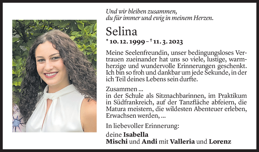  Todesanzeige für Selina Fritz vom 15.03.2023 aus Vorarlberger Nachrichten
