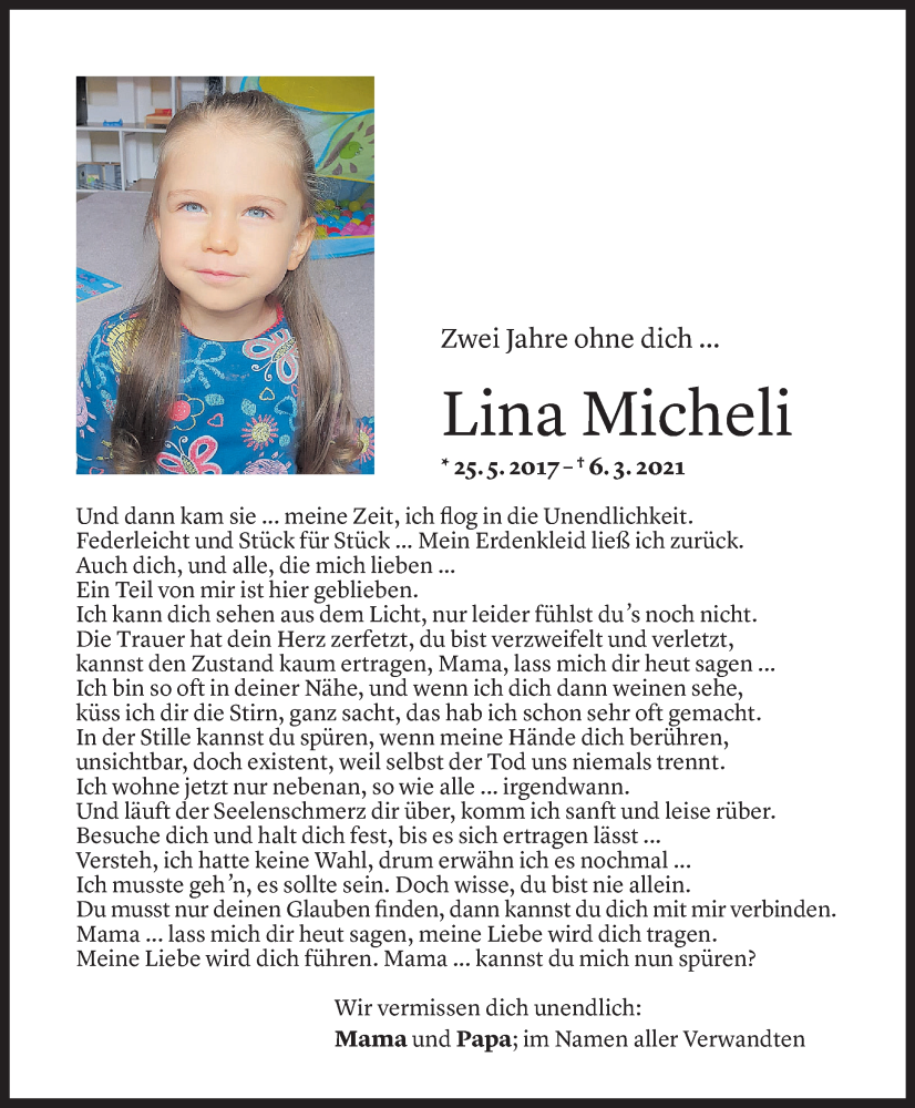  Todesanzeige für Lina Micheli vom 05.03.2023 aus Vorarlberger Nachrichten