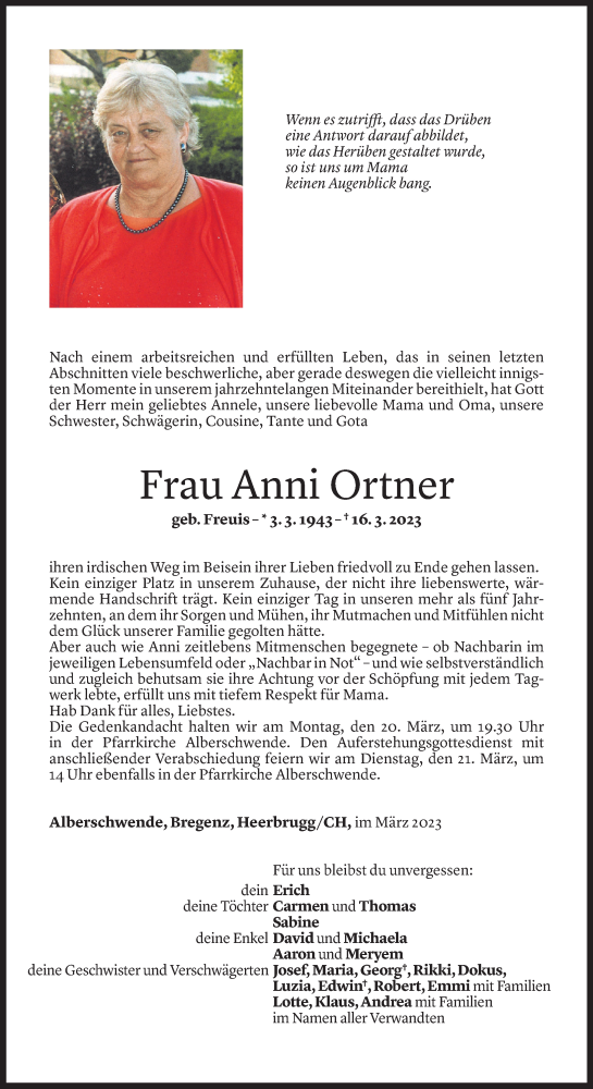  Todesanzeige für Anni Ortner vom 17.03.2023 aus Vorarlberger Nachrichten