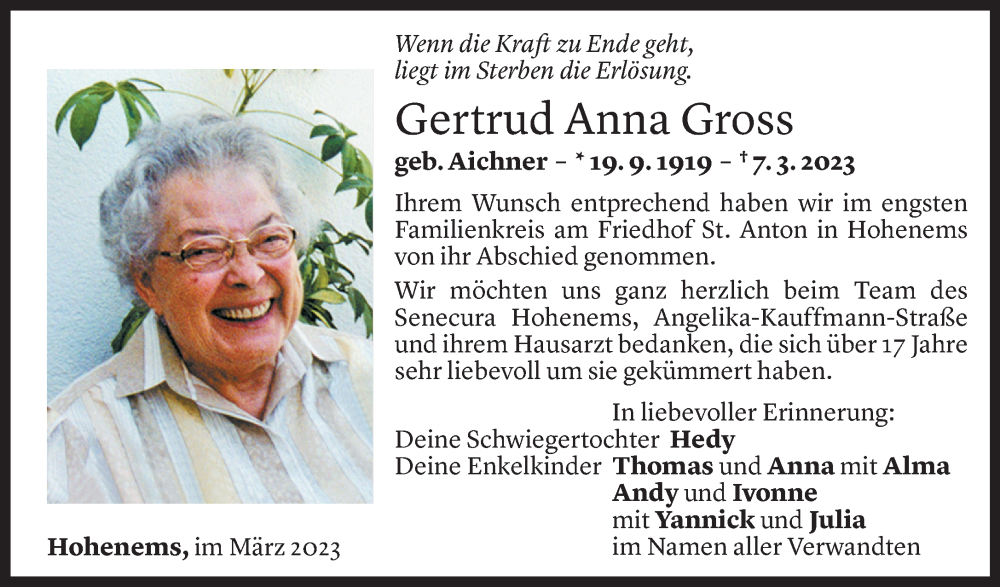  Todesanzeige für Gertrud Anna Gross vom 16.03.2023 aus Vorarlberger Nachrichten