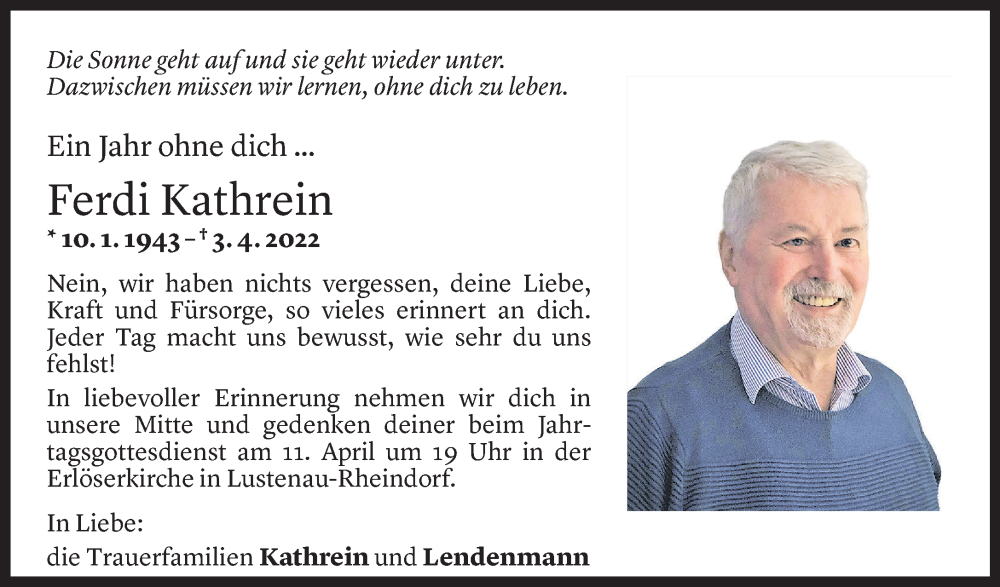  Todesanzeige für Ferdi Kathrein vom 02.04.2023 aus Vorarlberger Nachrichten