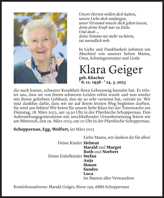 Todesanzeige von Klara Geiger von Vorarlberger Nachrichten