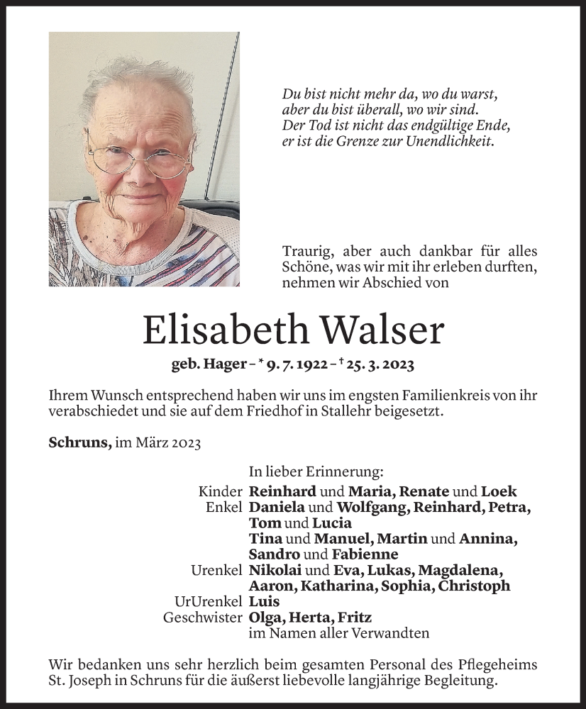  Todesanzeige für Elisabeth Walser vom 01.04.2023 aus Vorarlberger Nachrichten