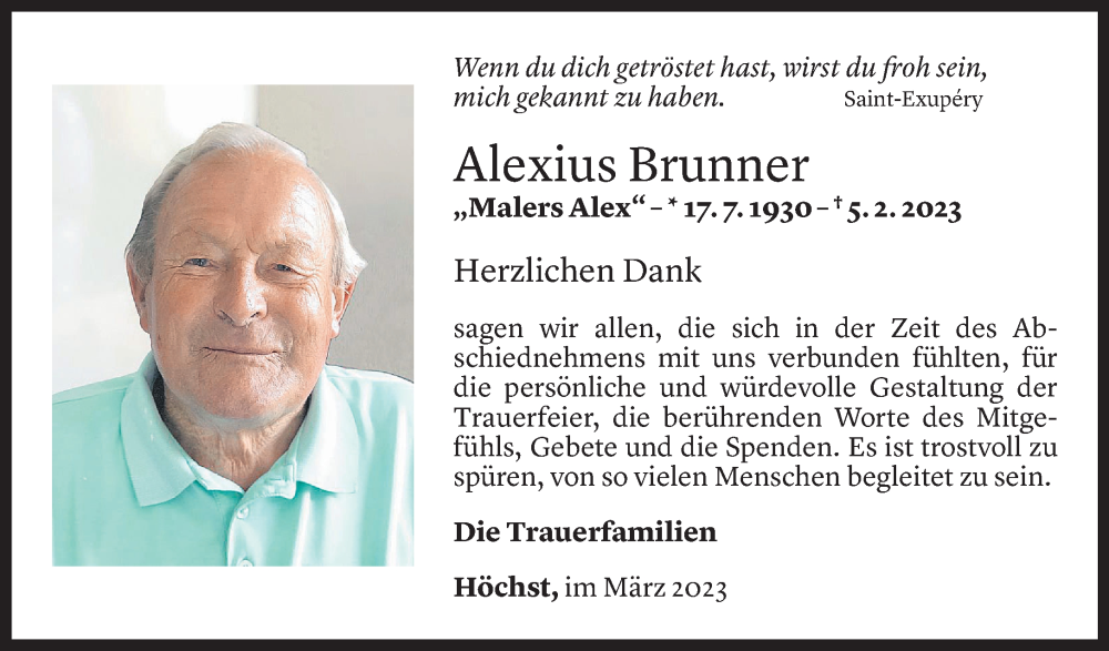  Todesanzeige für Alexius Brunner vom 17.03.2023 aus Vorarlberger Nachrichten